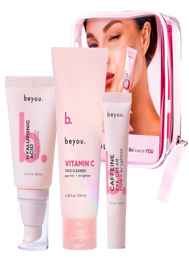 بي يو مجموعة بيو للعناية بالبشرة الكورية "إشراقة طوال اليوم" - غسول وجه بفيتامين سي + كريم للعين بالكافيين + مرطب جل خالٍ من الزيوت بحمض الهيالورونيك لتعزيز البشرة - مجموعة هدايا للعطلات للعناية بالبشرة من 3 خطوات - Image 1